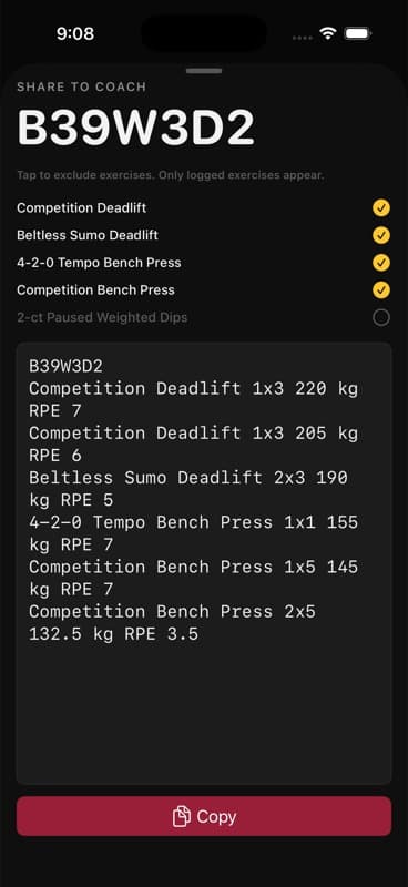 Share to coach with exercise selection